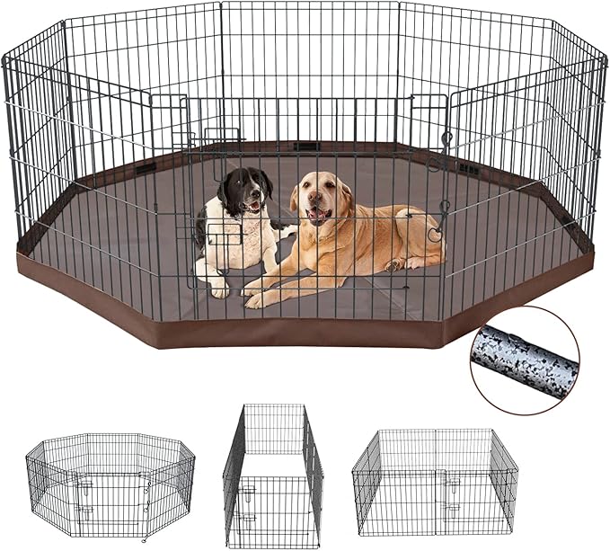 NEZUC Foldable Silver Metal Dog Exercise Playpen Gate Fence Dog Crate 8 Panels 30 Inch Height Puppy Kennels with Bottom Pad for Animals Outdoor Indoor (with Bottom pad, 8 Panels 30" H)