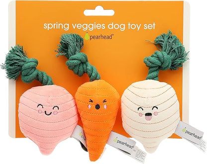 Pearhead Spring Garden Veggies Dog Toys, Plush Squeaky Rope Dog Toys, Radish Carrot & Turnip Vegetable Dog Toy Set, Loud Squeakers, Set of 3