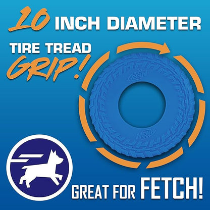 Nerf Dog Tire Flyer Outdoor Dog Toy, 10 Inch Flying Disc Dog Fetch Toy, Rubber Dog Toy for Medium Dogs and Large Dogs, Blue (Pack of 2)