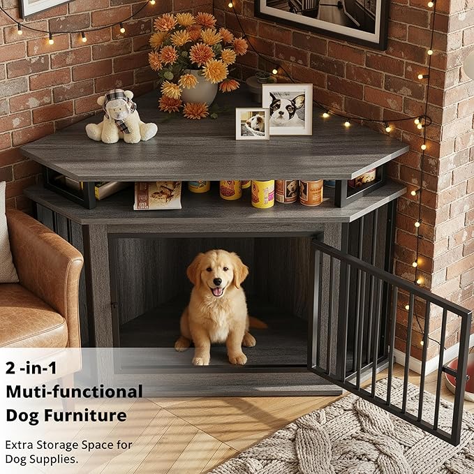 IRONCK 44" Corner Dog Crate with 2-Tier Shelves, Wooden Dog Kennel Furniture for TV Stand, Dog Kennel Indoor Furniture for Small and Medium Dogs, Rustic Brown (23.6" L x 43.3" W x 32.3" H)