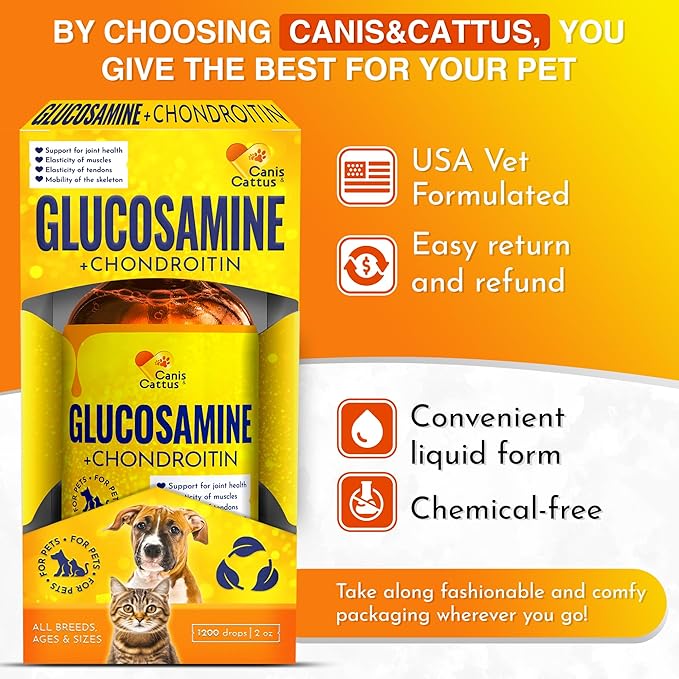 Canis&Cattus Liquid Glucosamine Dogs and Cats – Joint Supplement with MSM & Chondroitin – Mobility & Hip Support for Pets – Beef Flavor – 2oz