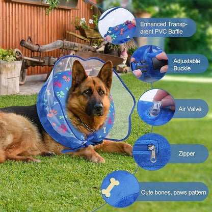 Inflatable Dog Cone with Transparent Protective Dog Donut Collar After Surgery, Puppy Collar with Soft Padding, Pet Prevent Scratches Anti Licking Collar for Small Medium Large Dogs(Blue, XL)