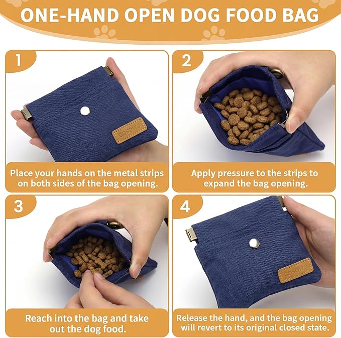 Dog Treat Pouch, Hand Free Dog Training Treat Bag with Carabiner & Magnetic Buckle, Auto Closing Pet Walking Bag for Puppy Travel or Outdoor Use, Pet Feed Snack Reward Pocket, Navy