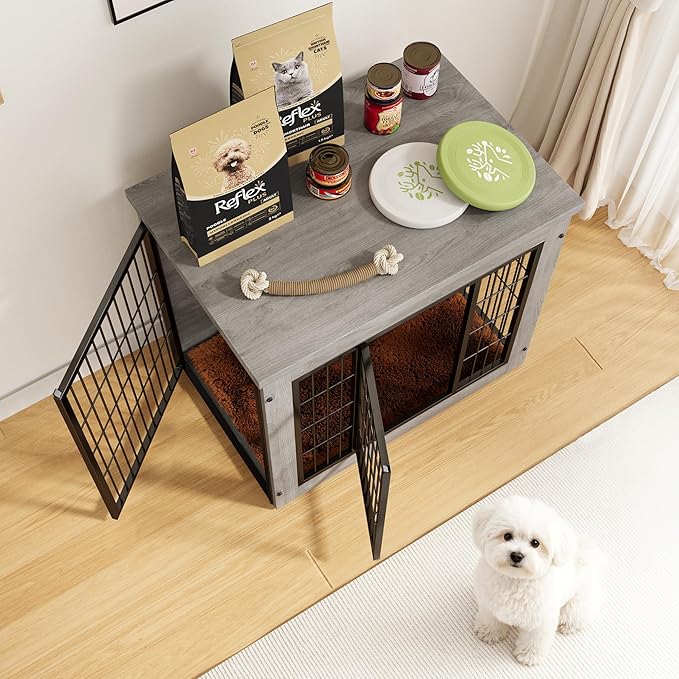 Greesum Modern Dog Crate Furniture That Doubles as a Side Table - Sturdy Wooden Kennel with Double Door Design, Equipped with Soft Cushion & Chew-Resistant Resign, Suitable for Dogs