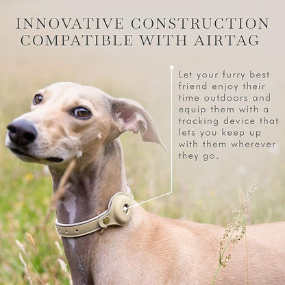 NINA WOOF Cupertino Dog Collars, Harnesses & Leashes Made from Vegan Leather with Dog Tracker Device Holder Adjustable Dog Collar (Small, Beige)