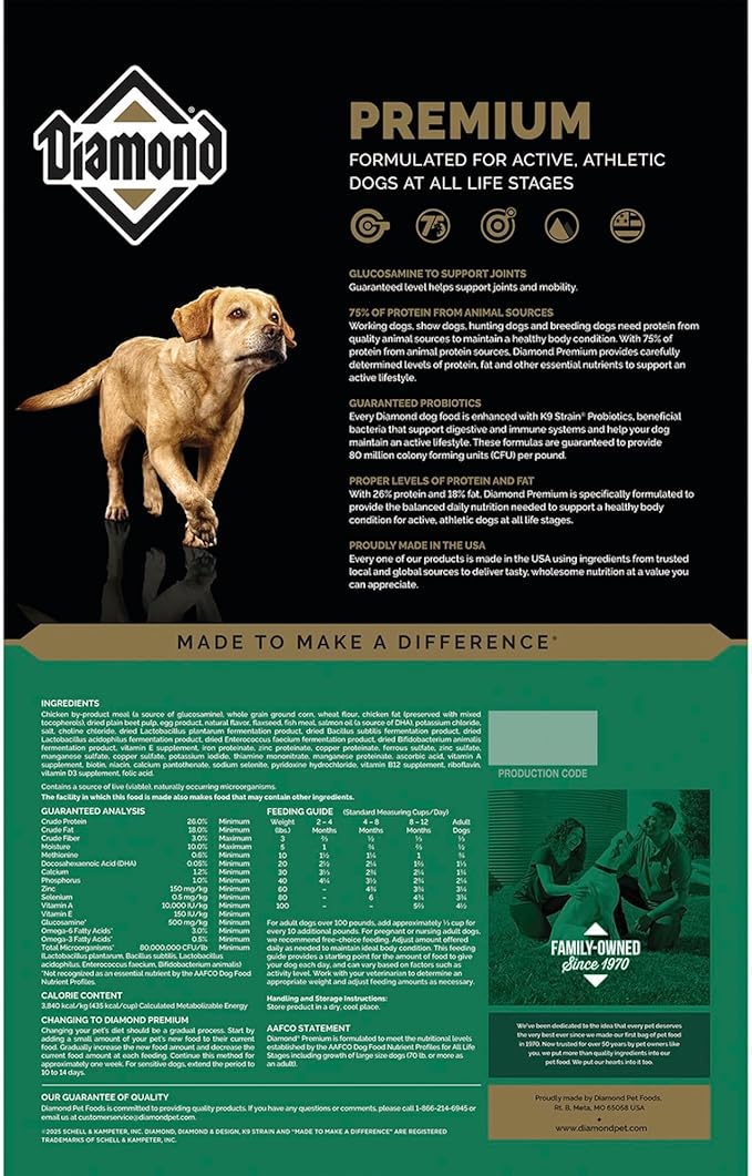 Diamond Premium All Life Stages Dry Dog Food 26/18 for Active, Athletic & Sporting Dogs 40lb Bag