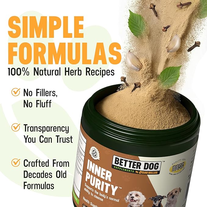 Better Dog Supplements Inner Purity by Cesar Millan – Natural Digestive, Dewormer & Gut Health Powder for Dogs – Internal Cleanliness, Detox & Bowel Movement Support – 3.4oz, (60-Day Supply)