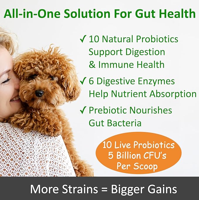 TummyWorks Probiotics for Dogs and Cats. 160 Scoops Probiotic Powder for Digestive Health, Gut, Immunity, Energy, Skin & Coat. 10 Strains, 5 Billion CFUs with 6 Enzymes & Prebiotics. Made in USA.