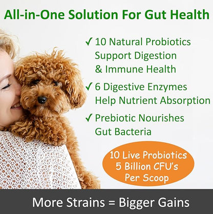 TummyWorks Probiotics for Dogs and Cats. 160 Scoops Probiotic Powder for Digestive Health, Gut, Immunity, Energy, Skin & Coat. 10 Strains, 5 Billion CFUs with 6 Enzymes & Prebiotics. Made in USA.