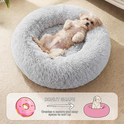 WROS Calming Dog Bed, 20" x 20" x 6" Fits Cat & Dog, Anti-Slip Round Washable Faux Fur for Doze Off, Napping Orthopedic, Grey