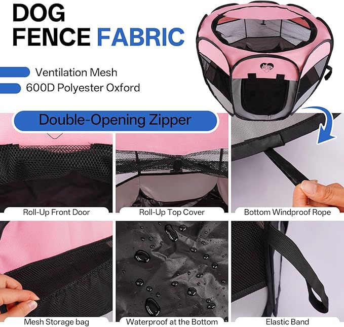 Dog Cat Playpen,Portable Foldable Tent- Pet Outdoor Exercise Crate Cage for Medium Dogs,Travel Camping Use for Small Animals with Carrying Case,Indoor Kennel for Sleeping(Pink,M)