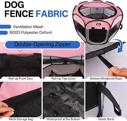 Dog Cat Playpen,Portable Foldable Tent- Pet Outdoor Exercise Crate Cage for Medium Dogs,Travel Camping Use for Small Animals with Carrying Case,Indoor Kennel for Sleeping(Pink,M)