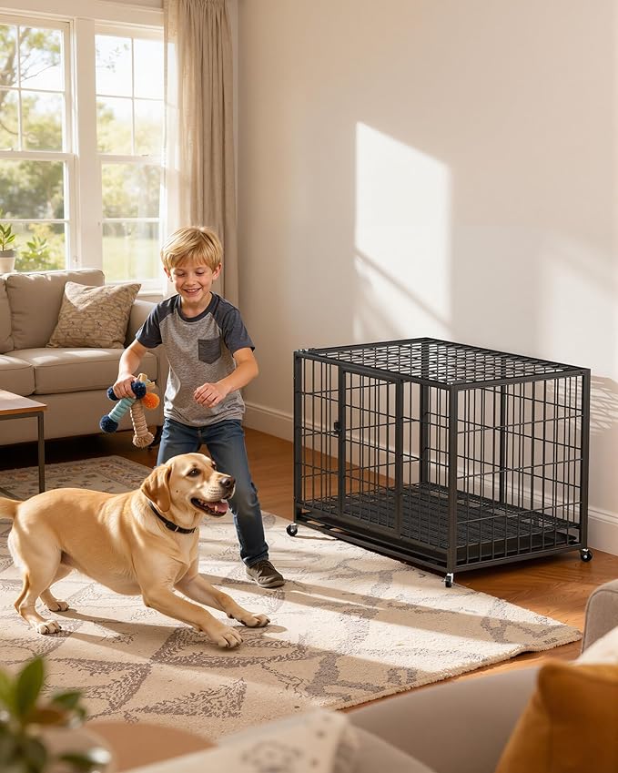 HIWOKK 38 Inch Dog Crates for Meidum Small Dogs,Metal Wire Cages Dog Kennels Pet Cage with Double-Door,Removable Tray,for Small Medium Dogs