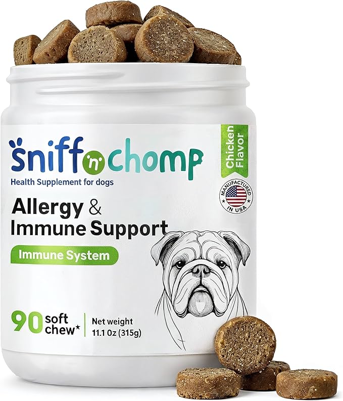 SNIFF N CHOMP Dog Allergy Chews, Chicken Flavor, Probiotics for Dogs with Quercetin Omega 3 Zinc, Seasonal Allergy Relief, Immune Support Soft Chews, Probióticos para Perros | 90 Soft Chews