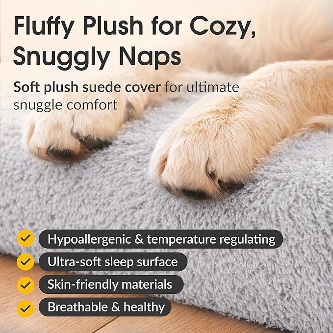 KOPEKS Orthopedic Memory Foam Dog Bed 7" Inch Thick Extra Large Dog Bed with Pillow Fluffy Grey 50"x34"x10" Includes Waterproof Liner & Durable Removable Cover with Smart Design