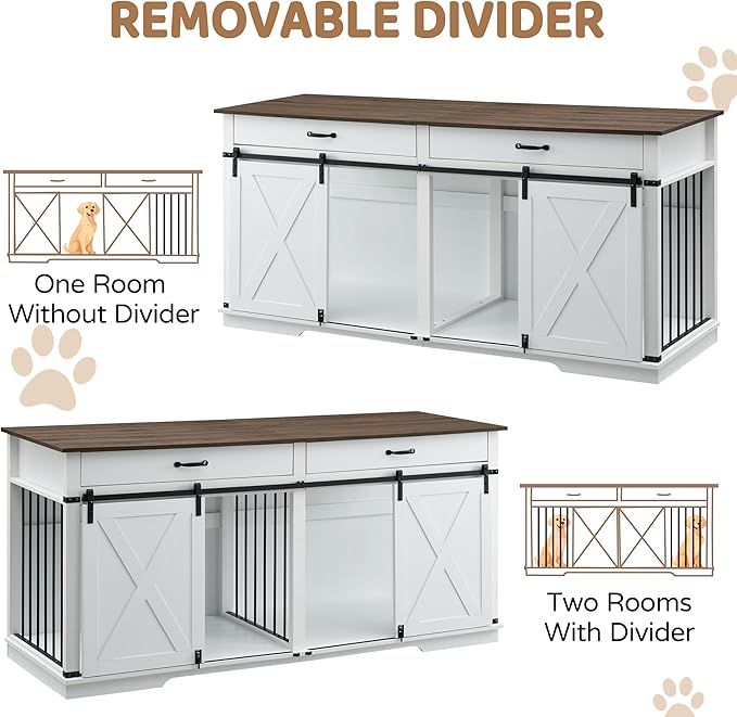 72.5" XXL Wooden Double Dog Crate Furniture for 2 Large Breeds, Farmhouse Barn Door, Removable Divider, Water Resistant with Built-in Drawers, Home Decor Pet Kennel, White