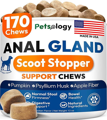 Anal Gland Support Chews for Dogs - 170 Ct - Scoot Treatment - Dog Anal Gland Supplement - Pumpkin, Psyllium Husk, Fiber - Supports Gut Health & Stool Quality - Digestive Enzymes - Made in USA