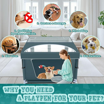 XVISHX 42x42 Inch Puppy Playpen with Cover, Dog Playpen for Puppies or Small Dogs, Pet Playpen for Indoor & Outdoor, Sturdy DogPen with Thickened Fabric, High-Strength Nylon Wire Mesh, Bluish Green