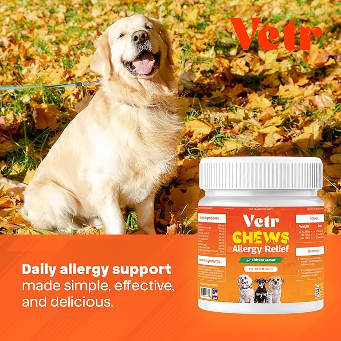 Vetr Allergy Relief Chews for Dogs - Dog Itching Skin Relief, Dog Allergy Treats with Probiotics and Omega-3 - Chicken Flavored 60 Count - Vet-Formulated in USA