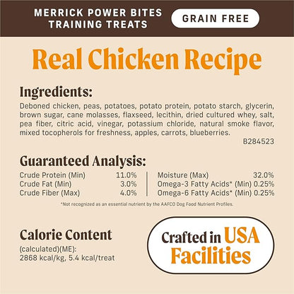 Merrick Power Bites Chicken Recipe Soft Dog Treats, Grain-Free Dog Snack with Real Chicken, 6 oz Bag