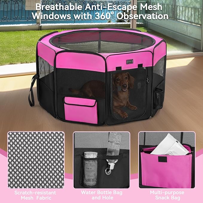 PETSFIT Portable Dog Playpen,36" Dog Play Pen Indoors with Removable Waterproof Mat & Zippered Roof | RV, Camping, Travel Dog Pen | Whelping & Cat Observation Space(36" L x 36" W x 21" H)