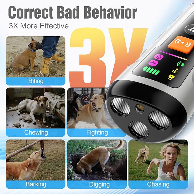Dog Bark Deterrent Devices, 3X Anti Barking Device for Dogs Ultrasonic Dog Training, Up to 50FT Bark Control Barking Silencer, Correct Bad Behavior Indoor Outdoor Portable Dog Barking Stopper (Grey)