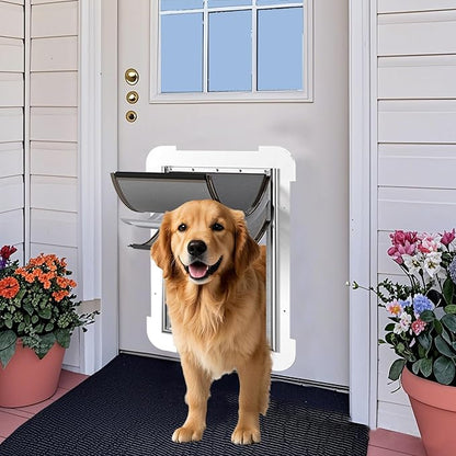 3-Flap Steel Large Dog Door for Exterior Doors with Sliding Lock Panel, Energy-Efficient Insulated Pet Door, Extreme Weather Doggy Door with Telescoping Tunnel, Never Rust（Pets Up to 100 Lb）