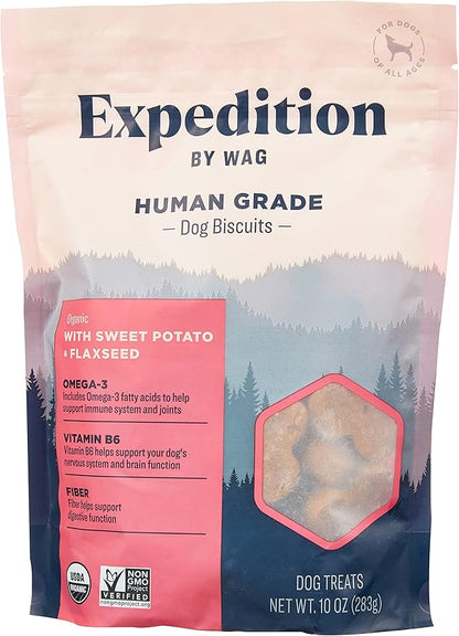 Amazon Brand - Wag Expedition Human Grade Organic Biscuits Dog Treats, Non-GMO, Sweet Potato & Flaxseed, 10oz