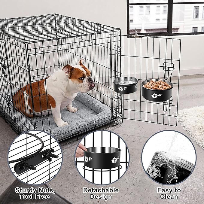 Dog Crate Bowls Hanging 2 Pack, ShineMe Hanging Food and Water Bowl for Dog Cage, Crate, Kennel - No Spill Metal Feeder Crate Bowls for Large and Medium Dogs (7.1x2.9” & 6.2x2.6”)