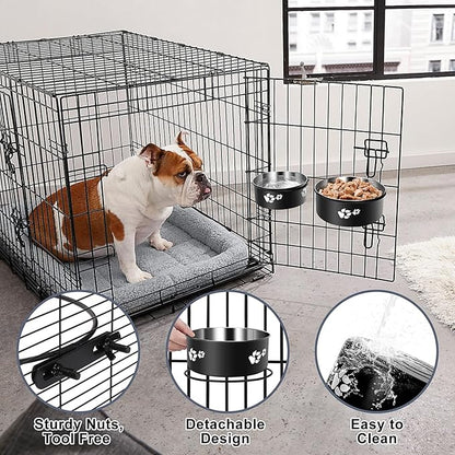 Dog Crate Bowls Hanging 2 Pack, ShineMe Hanging Food and Water Bowl for Dog Cage, Crate, Kennel - No Spill Metal Feeder Crate Bowls for Large and Medium Dogs (7.1x2.9” & 6.2x2.6”)