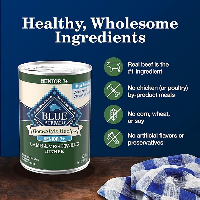 Blue Buffalo Homestyle Recipe Senior 7+ Lamb and Vegetable Dinner Wet Dog Food for Senior 7+ Dogs, Lamb Recipe, 12.5 oz. Can (Pack of 12)
