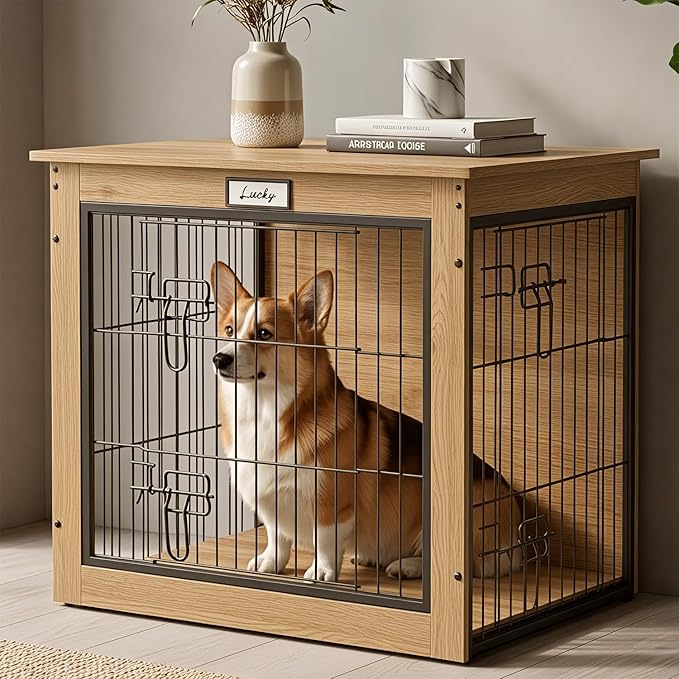Oak Dog Crate Furniture with Reversible Side Door, Wooden Indoor Dog Kennel for Small Medium Dogs, End Table Dog Crate with Double Locks, Heavy Duty Steel Mesh Furniture Style Dog Cage