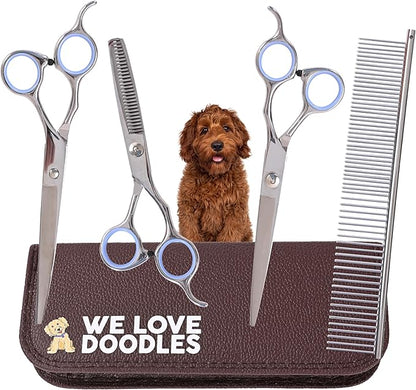 Dog Grooming Scissors Kit - Best Tools for Goldendoodles & Poodles- Straight, Curved & Thinning Shears - Golden Doodle Grooming Professional Grade Stainless Steel, 4 Pc Set (Long Silver)