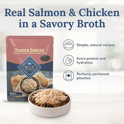 Blue Buffalo Tender Shreds Salmon & Chicken Toppers in Savory Broth, Natural Dog Food Complement, Salmon & Chicken, 2.5-oz. Pouch, 24-Count