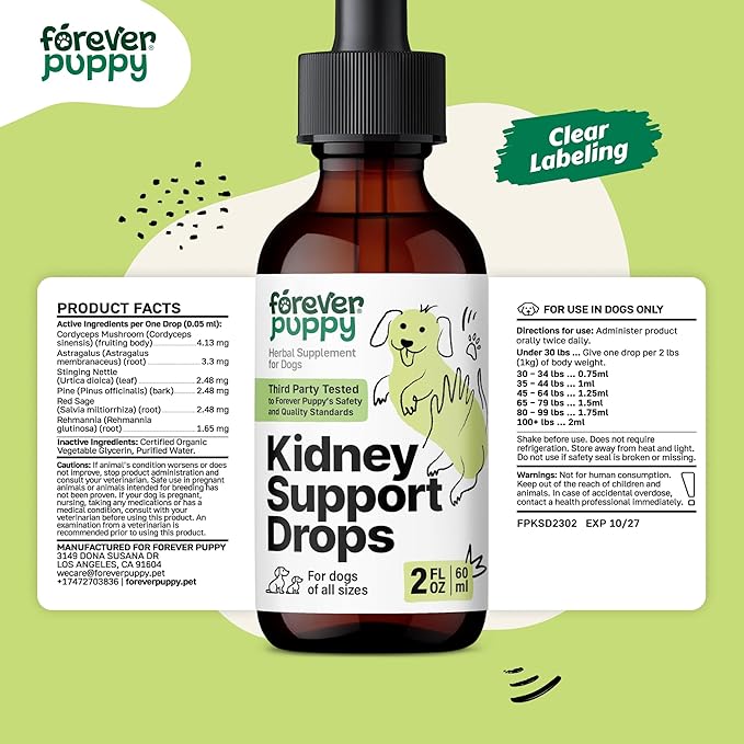 Forever Puppy Kidney Support Drops for Dogs - Cordyceps Mushroom, Astragalus, Stinging Nettle Leaf Extract - Liquid Dog Vitamins and Supplements - Sugar & Alcohol-Free Tincture - 2 fl oz