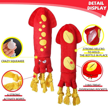 lilfrd Water Bottle Dog Toys - Dog Puzzle Squeaky Enrichment Treat Dispensing Rope Snuffle Plush Toy, No Stuffing Durable Soft Crunchy Toys for Small Medium Large Dogs Puppy - Octopus Squid