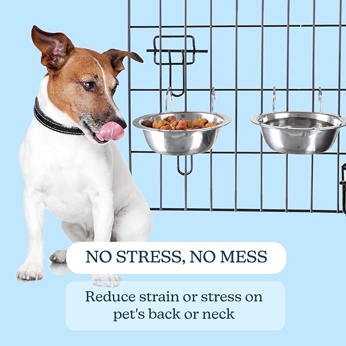 Set of 2 Stainless-Steel Dog Bowls - Cage, Kennel, and Crate Hanging Pet Bowls for Food and Water - 8oz Each and Dishwasher Safe by PETMAKER, Silver