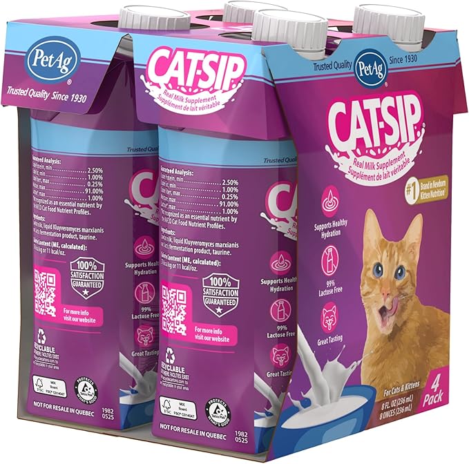 PetAg Cat-Sip Real Milk - 8 oz, 8 Pack - Ready-to-Feed Snack for Cats & Kittens - Easy to Digest with 99% Lactose-Free, Low-Fat Grade A Milk - Encourages Hydration