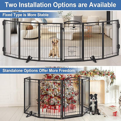 Metal Freestanding Dog Gate with Cat Door for Indoor&Outdoor,120" Extra Wide Foldable Pet Gate,36" Tall Foldable Indoor Dog Fence for Wide Openings Stairs,Deck,Yard,Doorways(6 Panels,Black)