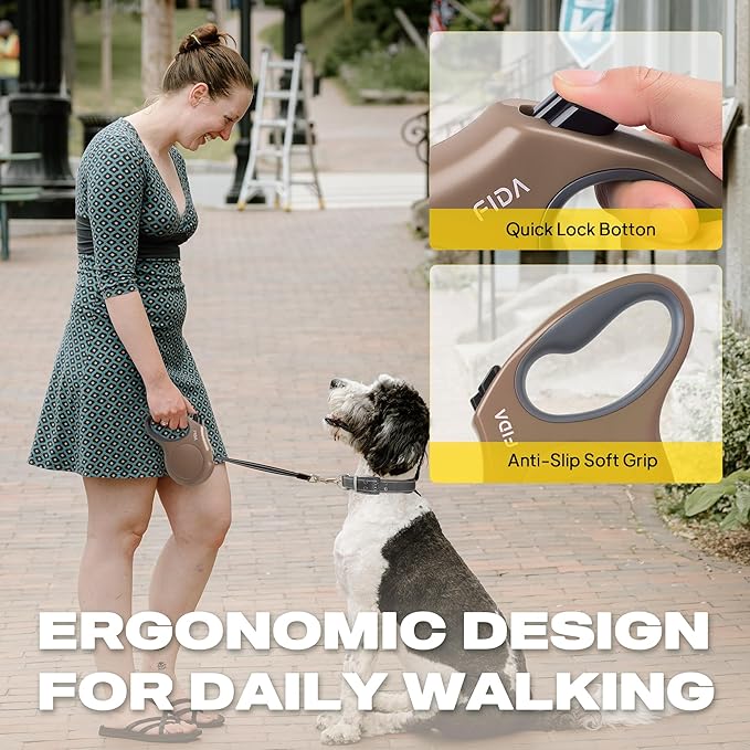 Fida Retractable Dog Leash, 16ft Heavy Duty Pet Walking Leash for X-Small/Small/Medium/Large Dog or Cat up to 110 lbs, Tangle Free. One-Hand Brake (Large, Coffee)