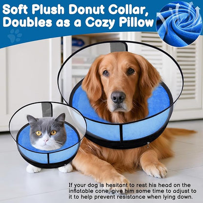 BARKLESS Dog Donut Collar, 2-in-1 Inflatable Dog Collars for After Surgery to Stop Licking Wounds, Patented Protective Donut Cone with High Shield for Large Pets (Blue, XXL)