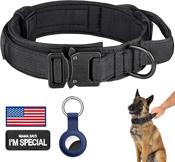 DAGANXI Tactical Dog Collar, Adjustable Military Training Nylon Dog Collar with Control Handle and Heavy Metal Buckle for Medium and Large Dogs, with Patches and Airtags Case (XXL, Black)
