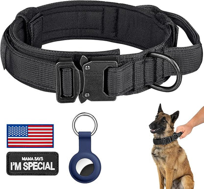 DAGANXI Tactical Dog Collar, Adjustable Military Training Nylon Dog Collar with Control Handle and Heavy Metal Buckle for Medium and Large Dogs, with Patches and Airtags Case (S, Black)