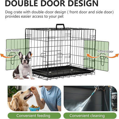 FDW 24-Inch Dog Crate Pet Cage with Metal Folding Design Plastic Tray Indoor Outdoor Dog Kennel Cage for Small Dogs,Dark Black