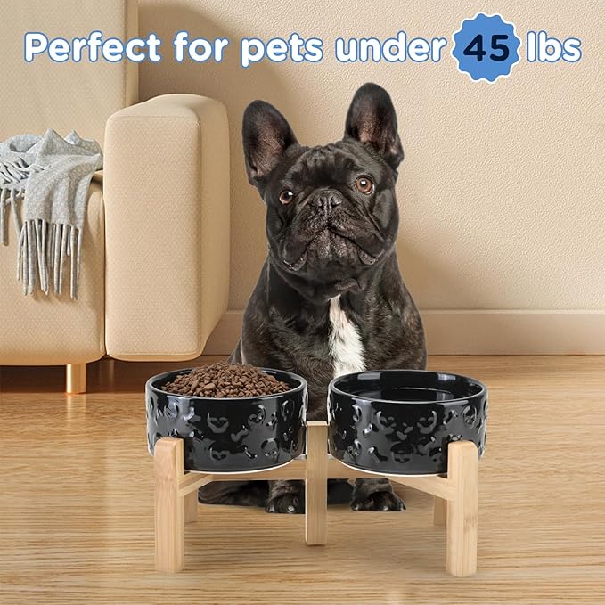 SPUNKYJUNKY Elevated Dog Bowls Ceramic, 6.1'' Dogs and Cat Food Water Bowls Raised with Non-Slip Bamboo Stand for Medium Sized Breed Microwave Dishwasher Safe - 28.7 OZ,Skull Black