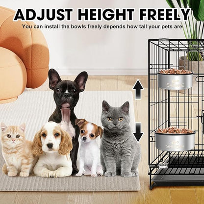 Water Bowl for Dog Crate, ShineMe 34oz & 25oz Stainless Steel Dogs Bowls, Dog Food and Water Bowl Set Mountable in Crate Kennel Cage, 2 Pack, Silver (6.2x2.6” & 5.5x2.4”)