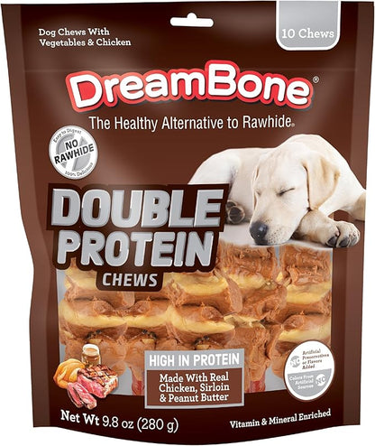 Dreambone Double Protein Chews Made with Real Chicken, Sirloin and Peanut Butter, 10 Count, Rawhide-Free Chews for Dogs, 9.80 Ounce (Pack of 1)