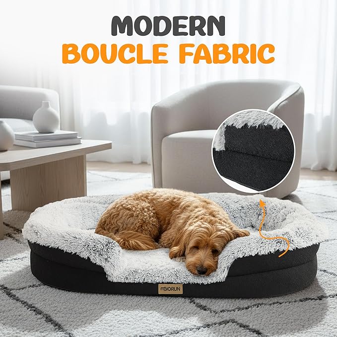 Fluffy Orthopedic Dog Bed for Large & Extra Large Dogs, Calming Plush Sofa Bed with Curved Bolster Support and Egg-Crate Foam Base, 43" Cozy Oval Pet Donut Bed with Washable Cover, Gray