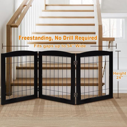 LZRS 3-Panel Freestanding Foldable Wooden Dog Gate –Solid Wood & Steel Wire Chew-Resistant Indoor Safety Pet Fence for Doorways & Stairs, Ideal for Small to Medium Dogs & Puppies, Black