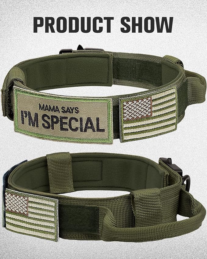 Joytale Tactical Dog Collar with Handle and Metal Buckle, Heavy Duty Padded Military Collar with 2 Patches for Training, Adjustable for Medium Dogs, ArmyGreen, M